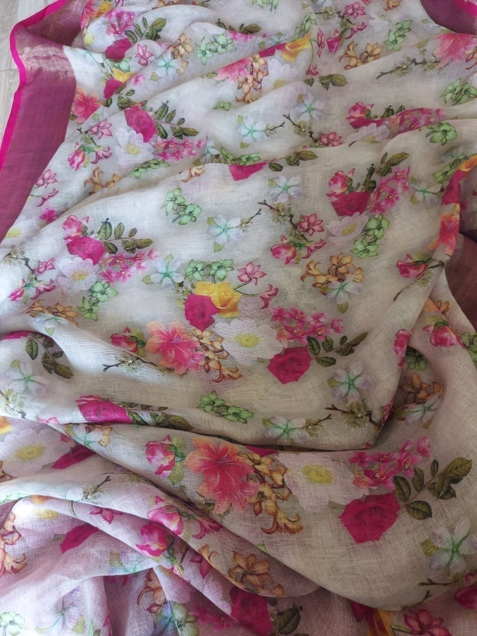 Zynah Floral Organic Lab Tested 120 Count pure 'Linen by Linen' Saree; Custom Stitched/Ready-made Blouse, Fall, Petticoat; Shipping available USA, Worldwide