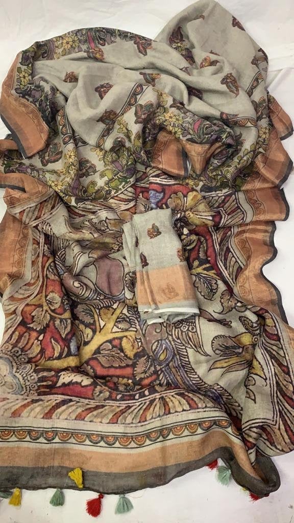 Zynah Kalamkari Printed Organic Lab Tested 120 Count pure 'Linen by Linen' Saree; Custom Stitched/Ready-made Blouse, Fall, Petticoat; Shipping available USA, Worldwide