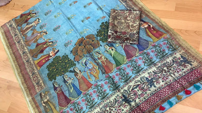 Zynah Kalamkari Organic Lab Tested 120 Count pure 'Linen by Linen' Saree; Custom Stitched/Ready-made Blouse, Fall, Petticoat; Shipping available USA, Worldwide