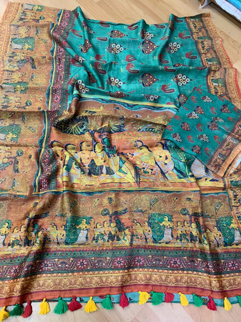 Zynah Kalamkari Organic Lab Tested 120 Count pure 'Linen by Linen' Saree; Custom Stitched/Ready-made Blouse, Fall, Petticoat; Shipping available USA, Worldwide