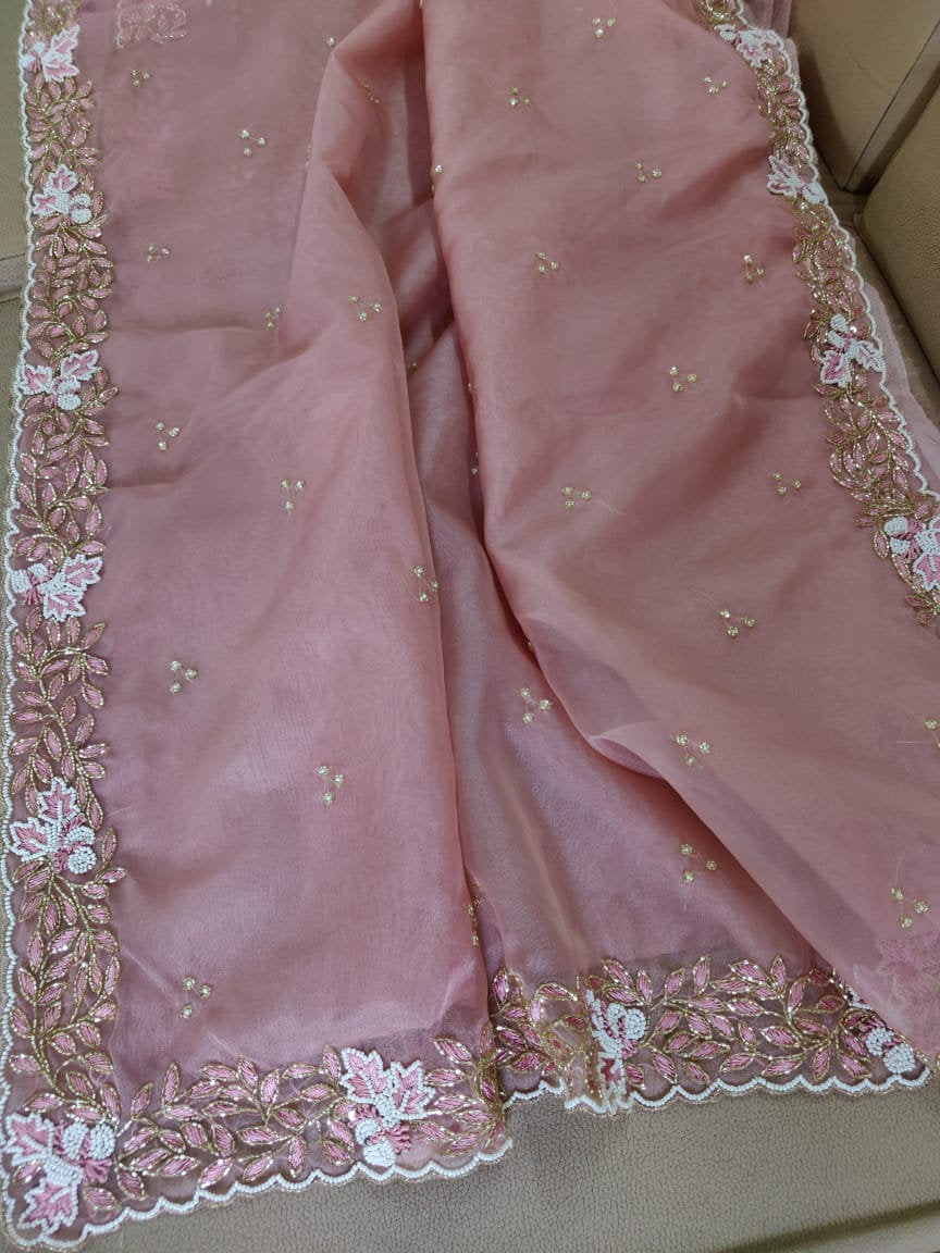 Zynah Organza Silk Saree, Cutdana Work, Pearl Beads Work; Custom Stitched/Ready-made Blouse, Fall, Petticoat; Shipping available USA, Worldwide