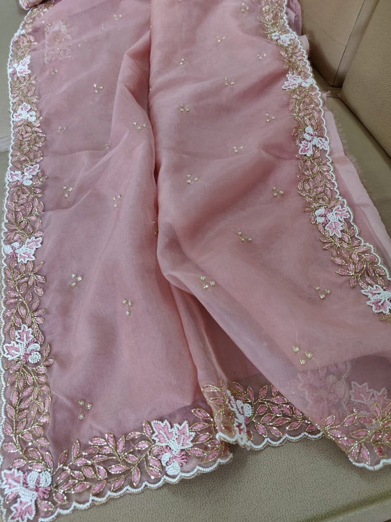 Soft Organza pink saree with thread embroidery and bead work, plain pink  blouse | readytowearsaree.com