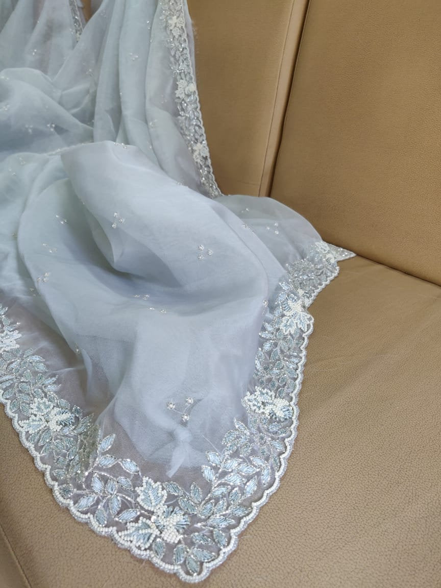 Zynah Organza Silk Saree, Cutdana Work, Pearl Beads Work; Custom Stitched/Ready-made Blouse, Fall, Petticoat; Shipping available USA, Worldwide
