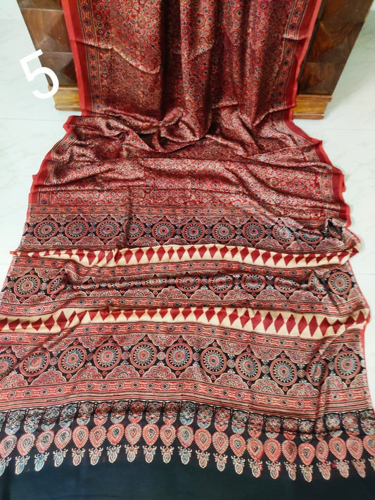 Zynah Pure Modal Silk Ajrakh Saree with Handblock Prints; Custom Stitched/Ready-made Blouse, Fall, Petticoat; Shipping available USA, Worldwide