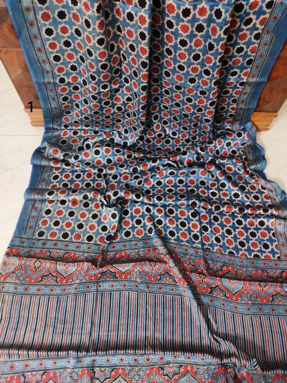 Zynah Pure Modal Silk Ajrakh Saree with Handblock Prints; Custom Stitched/Ready-made Blouse, Fall, Petticoat; Shipping available USA, Worldwide