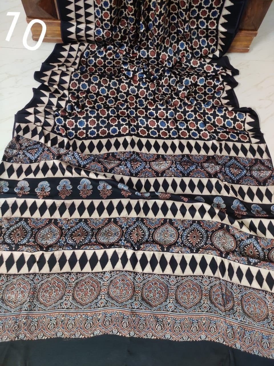 Zynah Pure Modal Silk Ajrakh Saree with Handblock Prints; Custom Stitched/Ready-made Blouse, Fall, Petticoat; Shipping available USA, Worldwide