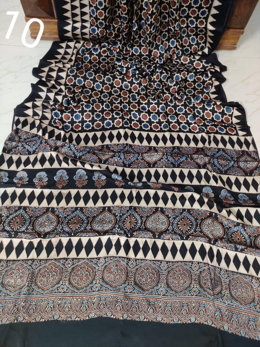 Zynah Pure Modal Silk Ajrakh Saree with Handblock Prints; Custom Stitched/Ready-made Blouse, Fall, Petticoat; Shipping available USA, Worldwide