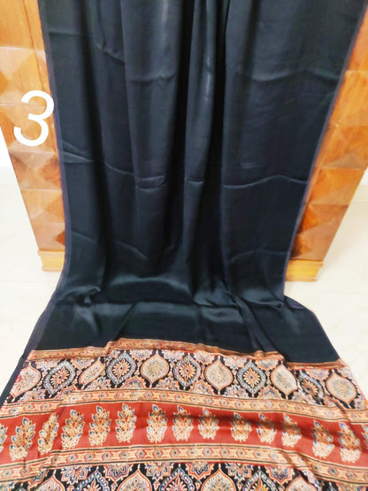 Zynah Pure Modal Silk Ajrakh Saree with Handblock Prints; Custom Stitched/Ready-made Blouse, Fall, Petticoat; Shipping available USA, Worldwide