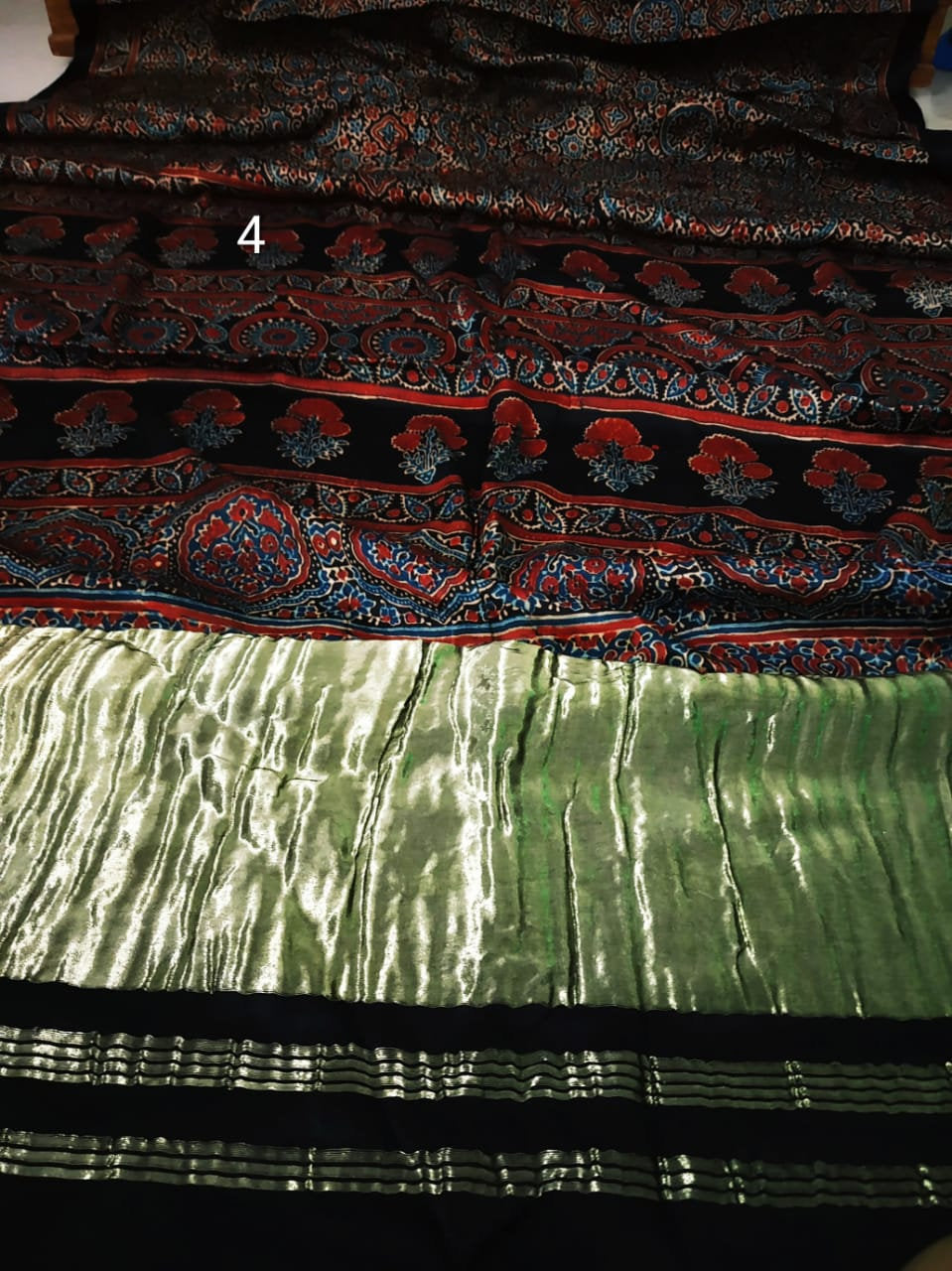 Zynah Pure Modal Silk Ajrakh Saree with Tissue Pallu & Handblock Prints; Custom Stitched/Ready-made Blouse, Fall, Petticoat; Shipping available USA, Worldwide