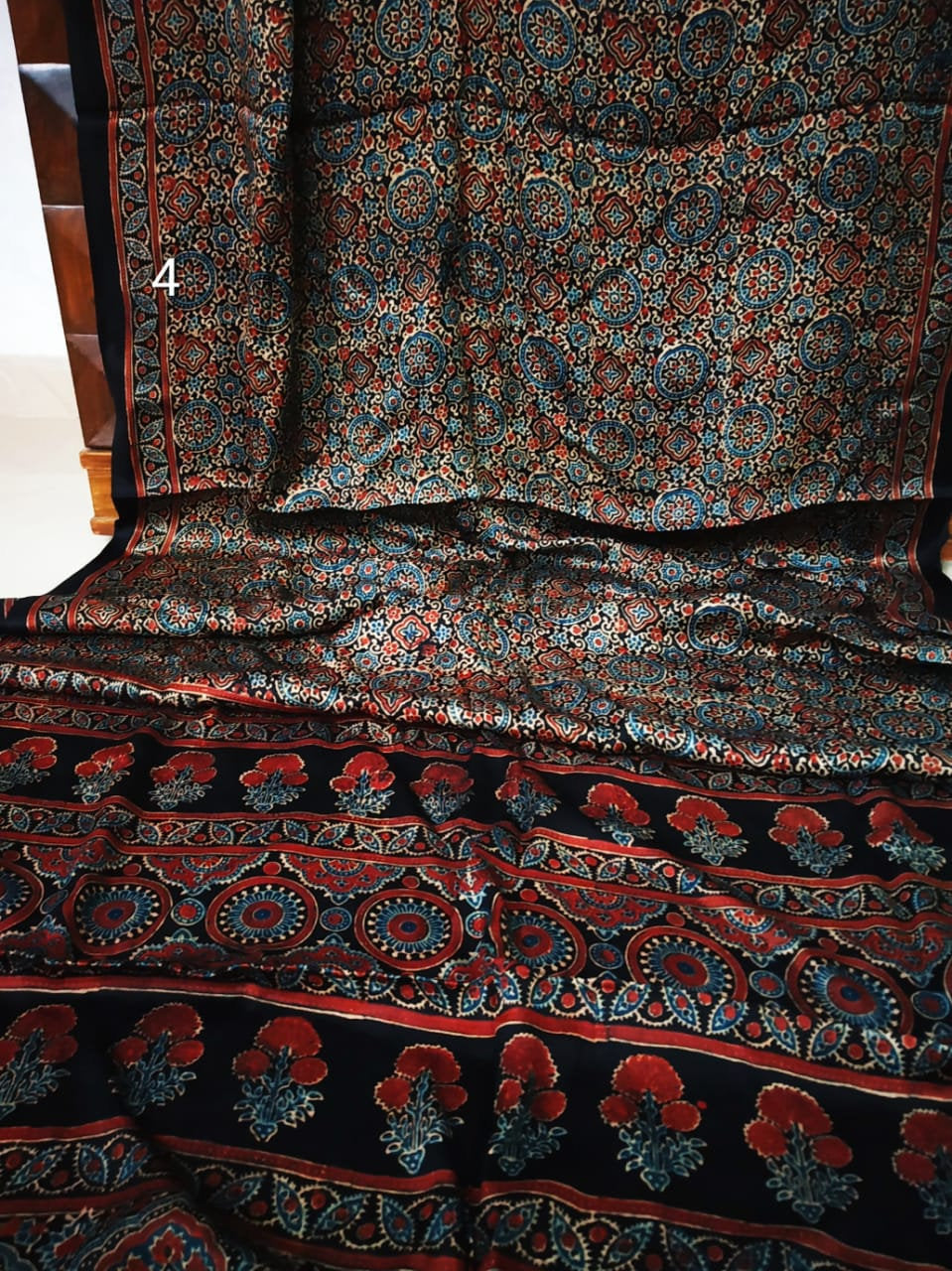 Zynah Pure Modal Silk Ajrakh Saree with Tissue Pallu & Handblock Prints; Custom Stitched/Ready-made Blouse, Fall, Petticoat; Shipping available USA, Worldwide