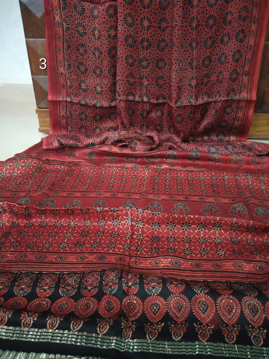 Zynah Pure Modal Silk Ajrakh Saree with Tissue Pallu & Handblock Prints; Custom Stitched/Ready-made Blouse, Fall, Petticoat; Shipping available USA, Worldwide