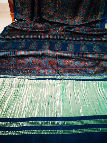 Zynah Pure Modal Silk Ajrakh Saree with Tissue Pallu & Handblock Prints; Custom Stitched/Ready-made Blouse, Fall, Petticoat; Shipping available USA, Worldwide