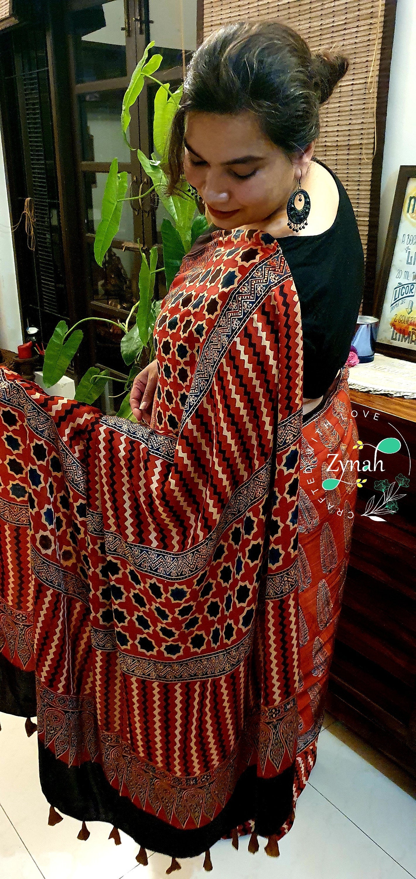 Zynah Pure Modal Silk Ajrakh Saree with Handblock Prints; Custom Stitched/Ready-made Blouse, Fall, Petticoat; Shipping available USA, Worldwide