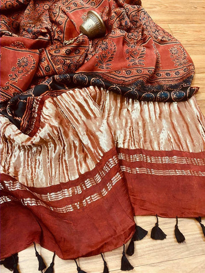 Zynah Pure Modal Silk Ajrakh Saree with Tissue Pallu & Handblock Prints; Custom Stitched/Ready-made Blouse, Fall, Petticoat; Shipping available USA, Worldwide