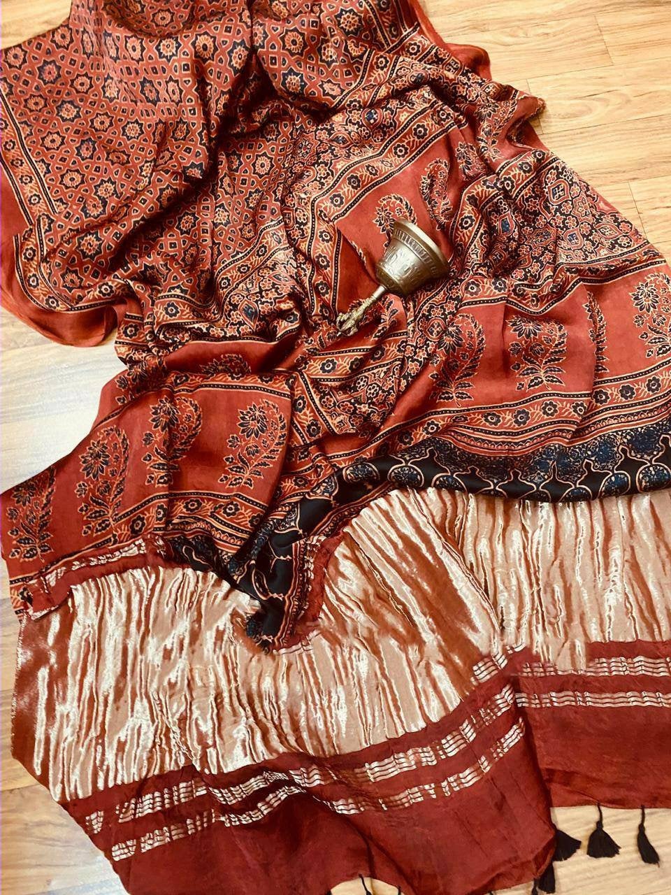 Zynah Pure Modal Silk Ajrakh Saree with Tissue Pallu & Handblock Prints; Custom Stitched/Ready-made Blouse, Fall, Petticoat; Shipping available USA, Worldwide