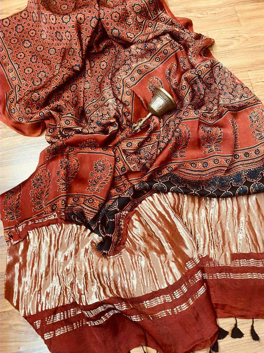 Zynah Pure Modal Silk Ajrakh Saree with Tissue Pallu & Handblock Prints; Custom Stitched/Ready-made Blouse, Fall, Petticoat; Shipping available USA, Worldwide