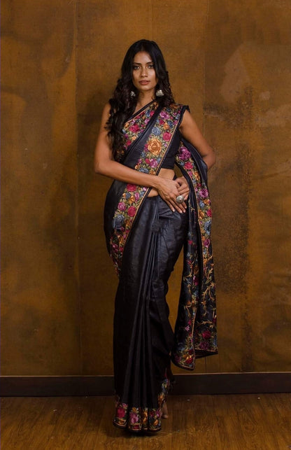 Zynah Made to Order Pure Tussar Silk Parsi Gara Handcrafted Saree; Custom Stitched/Ready-made Blouse, Fall, Petticoat; Shipping available USA, Worldwide