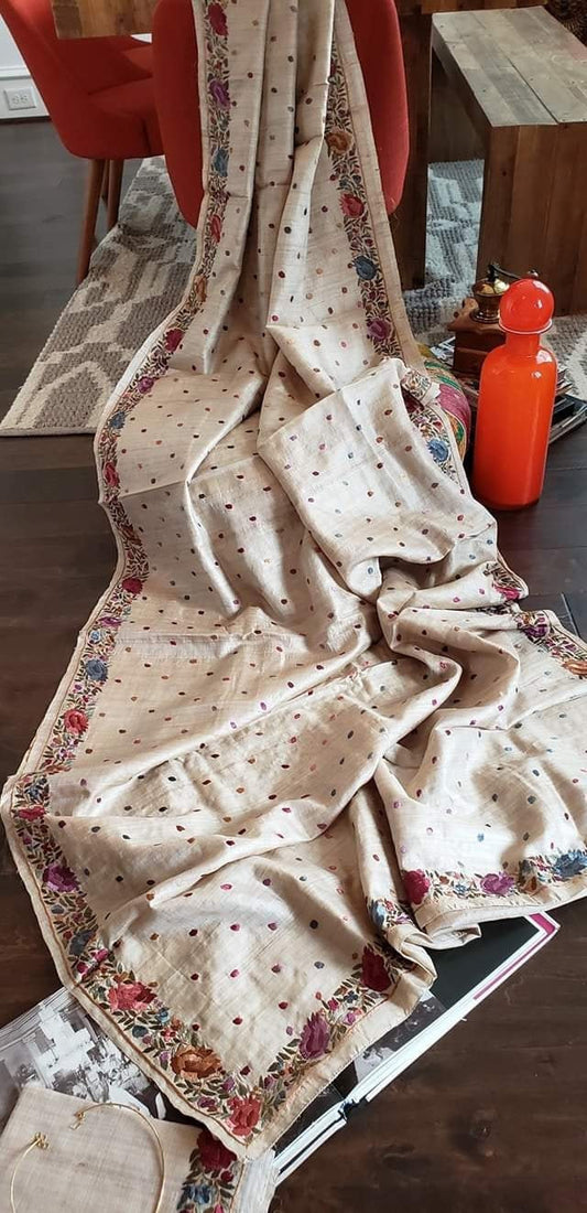 Zynah Made to Order Pure Tussar Silk Parsi Gara Handcrafted Saree; Custom Stitched/Ready-made Blouse, Fall, Petticoat; Shipping available USA, Worldwide