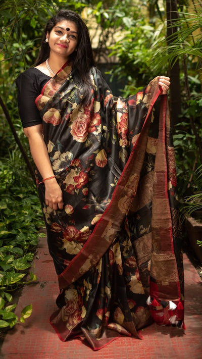 Zynah Floral Organic Lab Tested 120 Count pure 'Linen by Linen' Saree; Custom Stitched/Ready-made Blouse, Fall, Petticoat; Shipping available USA, Worldwide