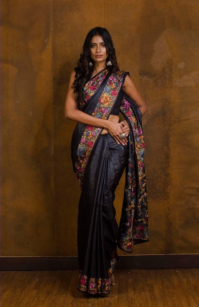 Zynah Pure Tussar Silk Parsi Gara Hand Embroidered Saree; Custom Stitched/Ready-made Blouse, Fall, Petticoat; Shipping available USA, Worldwide