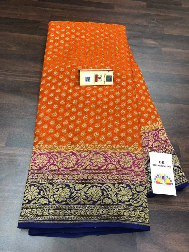 Zynah Pure Banarasi Woven Khaddi Georgette Saree, Antique Zari Weave, Big Border Handloom; Custom Stitched/Ready-made Blouse, Fall, Petticoat; Shipping available USA, Worldwide