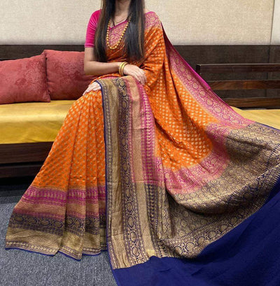 Zynah Pure Banarasi Woven Khaddi Georgette Saree, Antique Zari Weave, Big Border Handloom; Custom Stitched/Ready-made Blouse, Fall, Petticoat; Shipping available USA, Worldwide