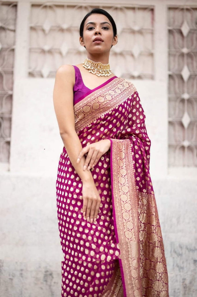 Banarasee/Banarasi Pure Khaddi Georgette Sari With Golden Zari Floral