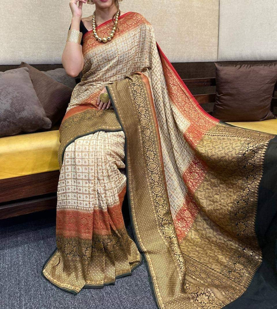 Zynah Pure Banarasi Woven Khaddi Georgette Saree with Antique Zari Weave, Big Border Handloom; Custom Stitched/Ready-made Blouse, Fall, Petticoat; Shipping available USA, Worldwide