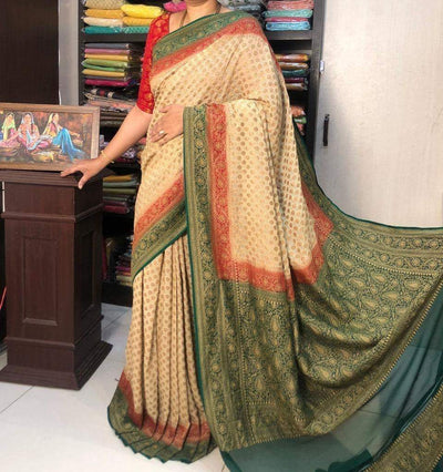 Zynah Pure Banarasi Woven Khaddi Georgette Saree with Antique Zari Weave, Big Border Handloom; Custom Stitched/Ready-made Blouse, Fall, Petticoat; Shipping available USA, Worldwide