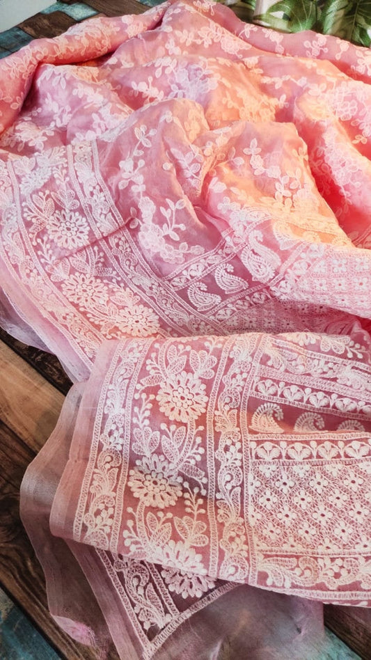 Zynah Pure Organza Chikankari Saree in Pastel Shades; Custom Stitched/Ready-made Blouse, Fall, Petticoat; Shipping available USA, Worldwide