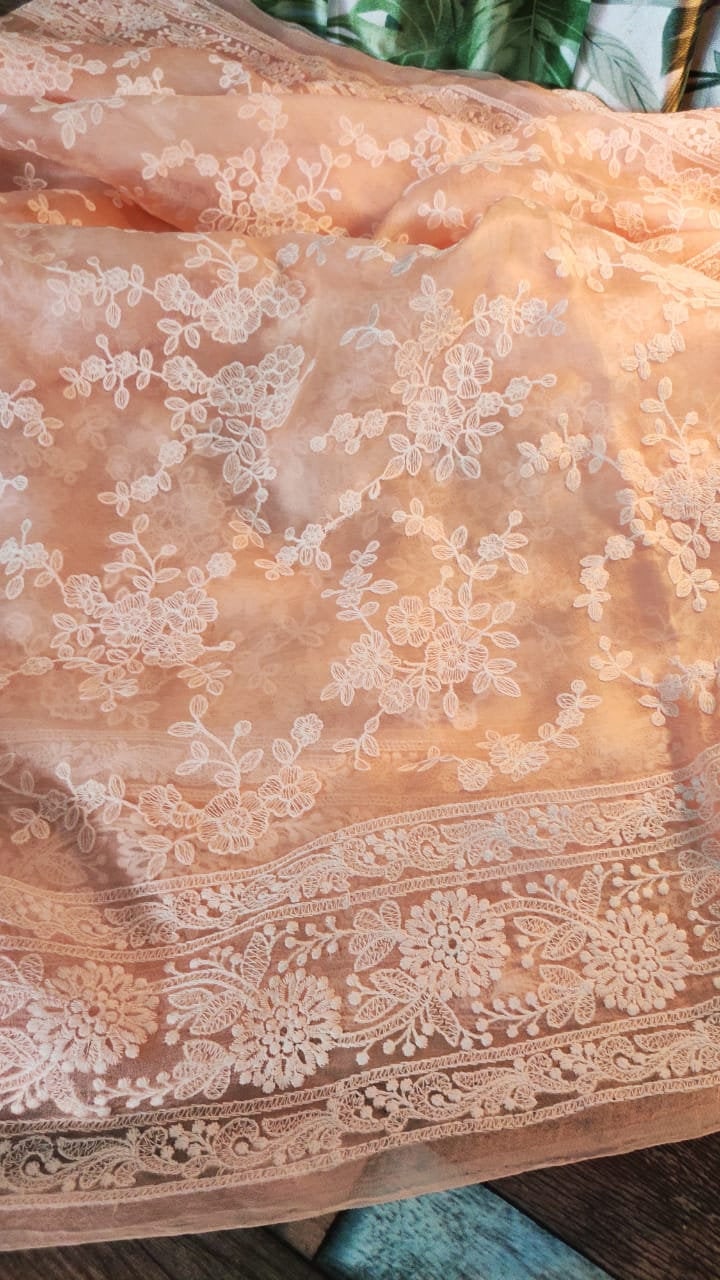 Zynah Pure Organza Chikankari Saree in Pastel Shades; Custom Stitched/Ready-made Blouse, Fall, Petticoat; Shipping available USA, Worldwide