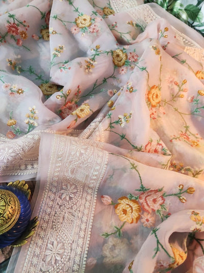 Zynah Powder Pink Organza Saree, Multicolor Cross Stitch & Chikankari Border; Custom Stitched/Ready-made Blouse, Fall, Petticoat; Shipping available USA, Worldwide