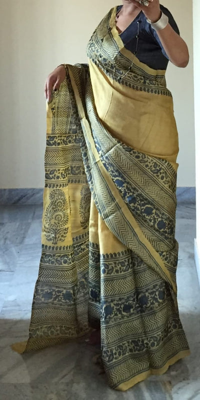 Zynah Pure Tussar Silk Handcrafted Sarees with Handblock Prints; stitched readymade blouse,fall,petticoat,available in USA & Worldwide