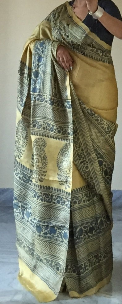 Zynah Pure Tussar Silk Handcrafted Sarees with Handblock Prints; stitched readymade blouse,fall,petticoat,available in USA & Worldwide