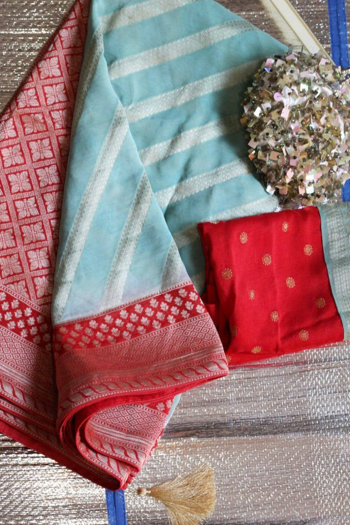 Zynah Pure Khaddi Georgette Banarasi Woven saree, Hand-brush Dyed; Custom Stitched/Ready-made Blouse, Fall, Petticoat; Shipping available USA, Worldwide