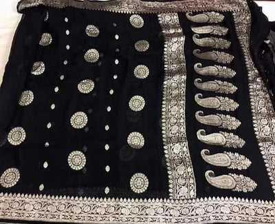 Zynah Pure Khaddi Georgette Banarasi Woven Saree with Zari Border & Butis; Custom Stitched/Ready-made Blouse, Fall, Petticoat; Shipping available USA, Worldwide