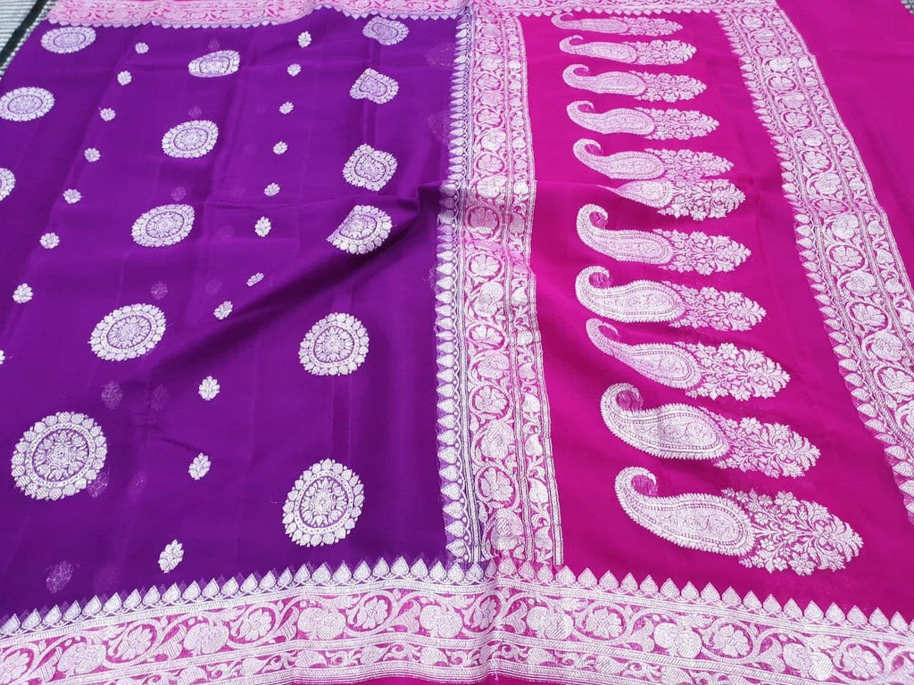 Zynah Pure Khaddi Georgette Banarasi Woven Saree with Zari Border & Butis; Custom Stitched/Ready-made Blouse, Fall, Petticoat; Shipping available USA, Worldwide