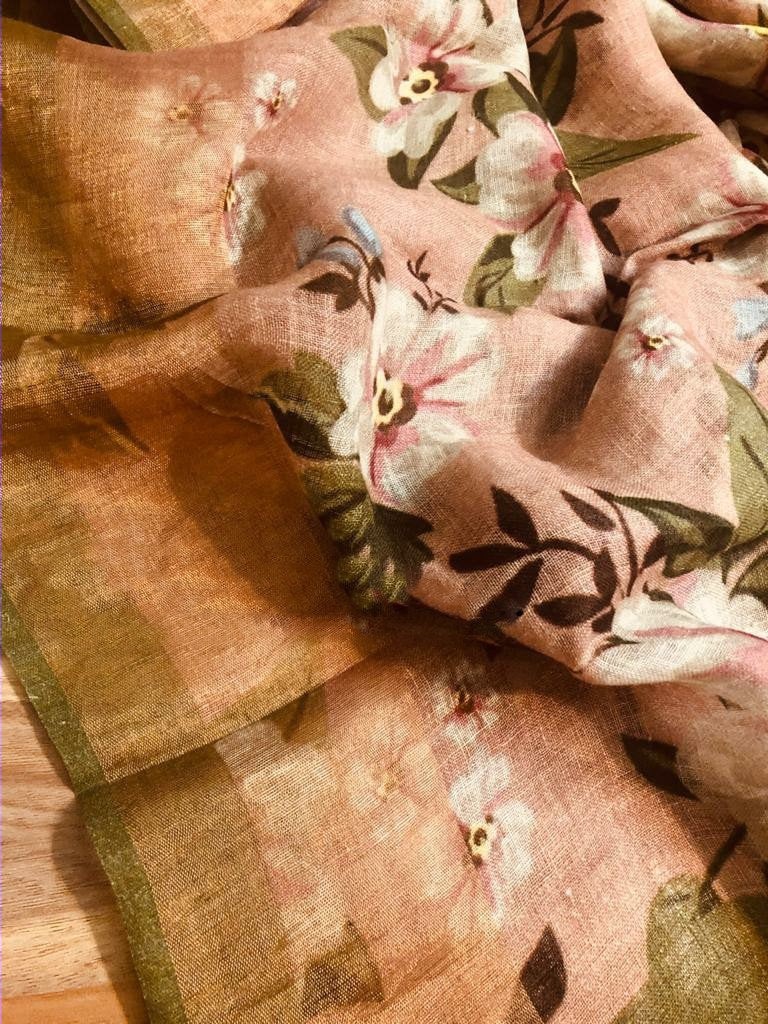 Zynah Organic Pure Linen by Linen(120c) Saree, Digital Floral Prints & Zari Border; Custom Stitched/Ready-made Blouse, Fall, Petticoat; Shipping available USA, Worldwide
