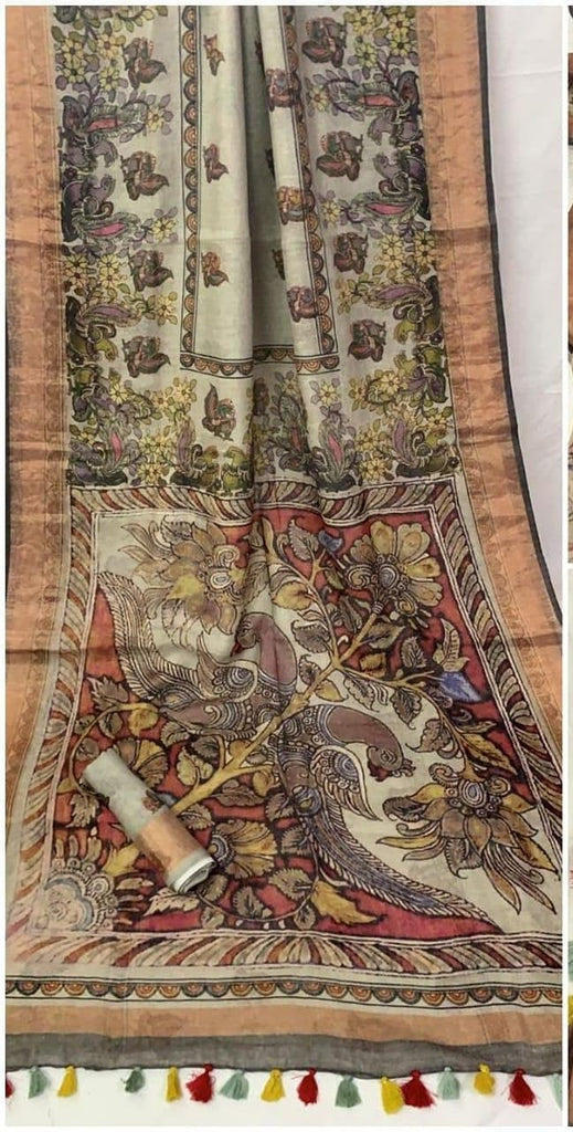 Zynah Kalamkari Printed Organic Lab Tested 120 Count pure 'Linen by Linen' Saree; Custom Stitched/Ready-made Blouse, Fall, Petticoat; Shipping available USA, Worldwide