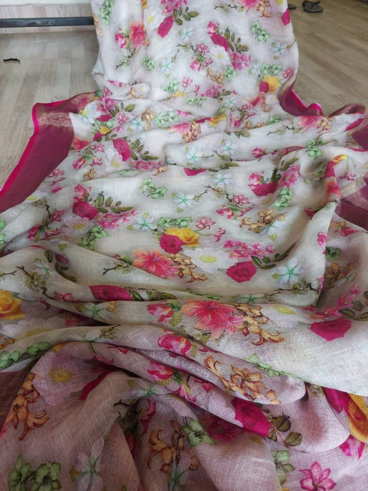 Zynah Floral Organic Lab Tested 120 Count pure 'Linen by Linen' Saree; Custom Stitched/Ready-made Blouse, Fall, Petticoat; Shipping available USA, Worldwide