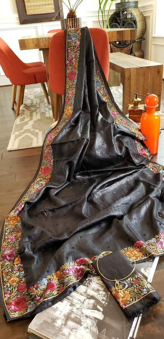Zynah Made to Order Pure Tussar Silk Parsi Gara Handcrafted Saree; Custom Stitched/Ready-made Blouse, Fall, Petticoat; Shipping available USA, Worldwide