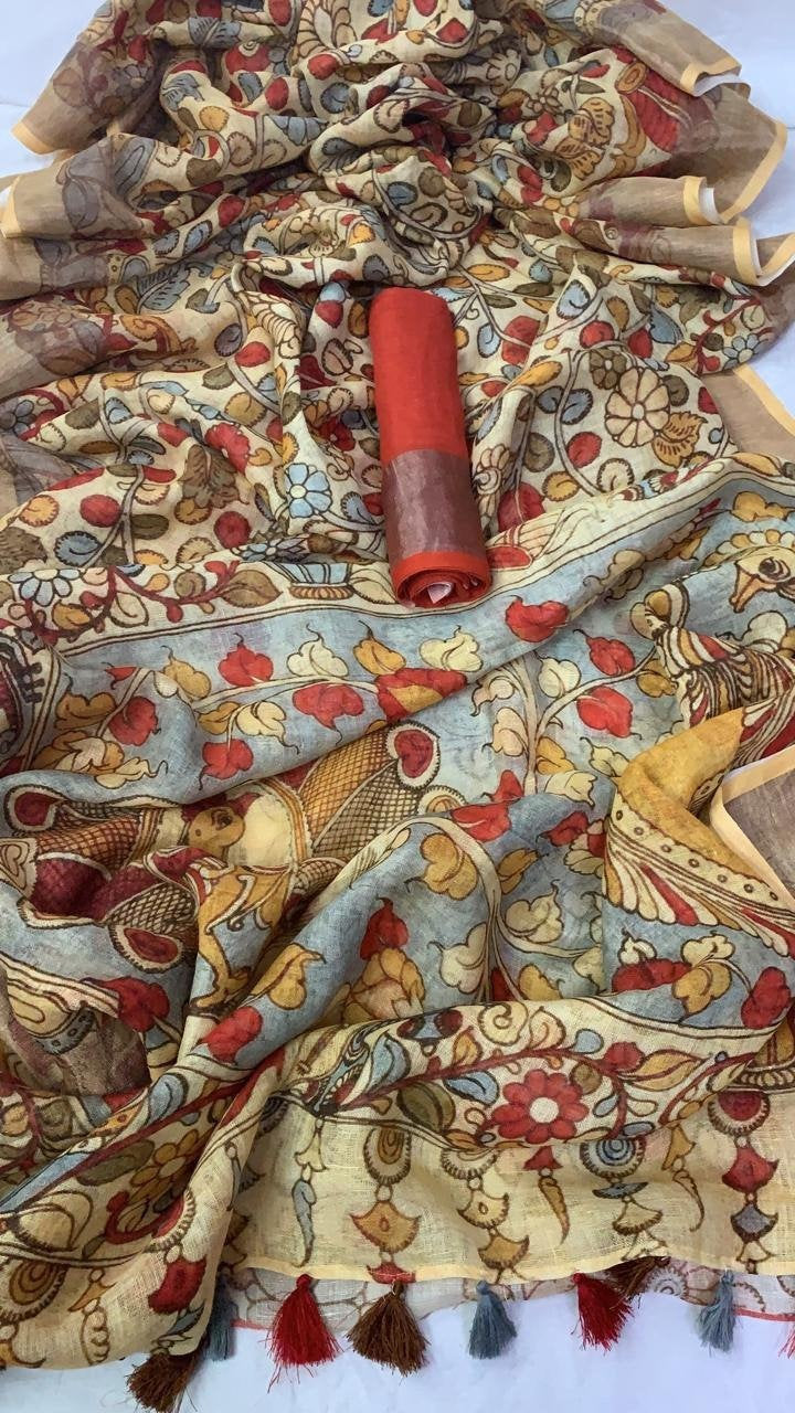 Zynah Kalamkari Organic Lab Tested 120 Count pure 'Linen by Linen' Saree; Custom Stitched/Ready-made Blouse, Fall, Petticoat; Shipping available USA, Worldwide
