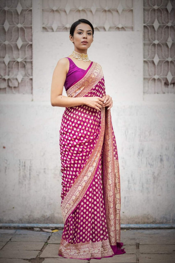 Zynah Pure Khaddi Georgette Banarasi Woven Saree with Hand -Brush dying; Custom Stitched/Ready-made Blouse, Fall, Petticoat; Shipping available USA, Worldwide