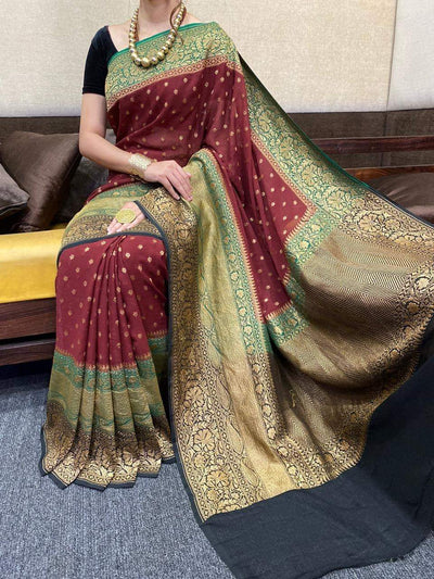 Zynah Pure Banarasi Woven Khaddi Georgette Saree with Antique Zari Weave, Big Border Handloom; Custom Stitched/Ready-made Blouse, Fall, Petticoat; Shipping available USA, Worldwide