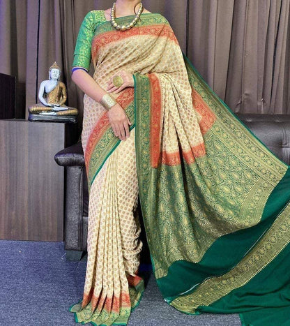 Zynah Pure Banarasi Woven Khaddi Georgette Saree with Antique Zari Weave, Big Border Handloom; Custom Stitched/Ready-made Blouse, Fall, Petticoat; Shipping available USA, Worldwide
