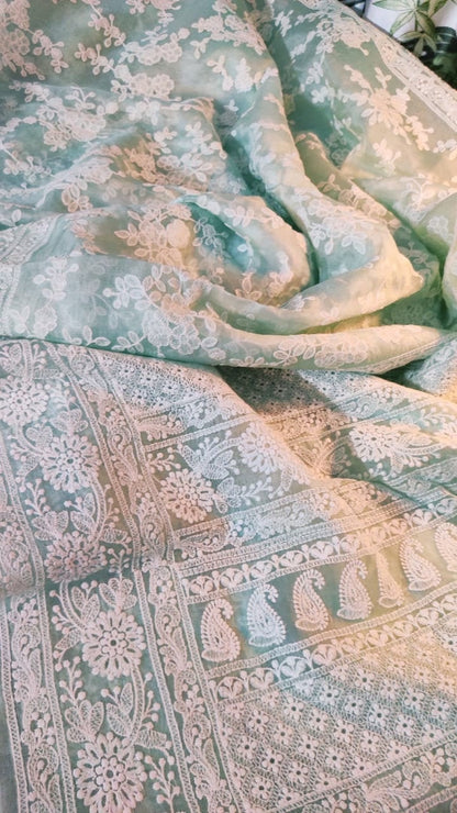 Zynah Pure Organza Chikankari Saree in Pastel Shades; Custom Stitched/Ready-made Blouse, Fall, Petticoat; Shipping available USA, Worldwide