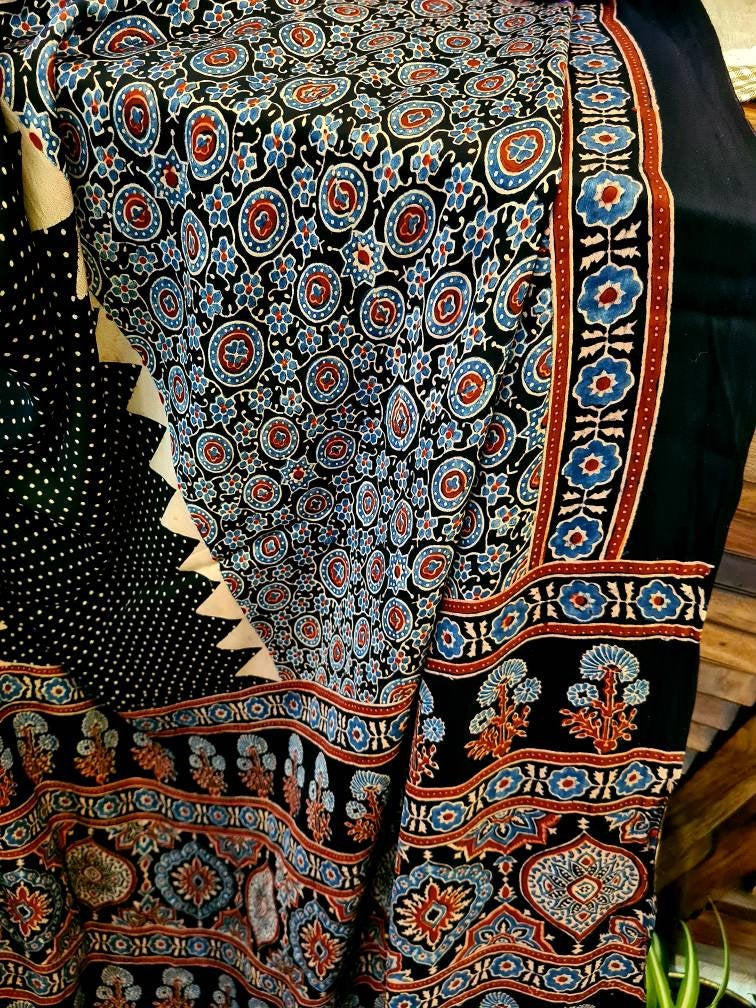 Zynah Pure Modal Silk Ajrakh Saree with Tissue Pallu, Handblock Prints; Custom Stitched/Ready-made Blouse, Fall, Petticoat; Shipping available USA, Worldwide