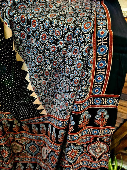 Zynah Pure Modal Silk Ajrakh Saree with Tissue Pallu, Handblock Prints; Custom Stitched/Ready-made Blouse, Fall, Petticoat; Shipping available USA, Worldwide