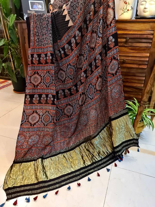 Zynah Pure Modal Silk Ajrakh Saree with Tissue Pallu, Handblock Prints; Custom Stitched/Ready-made Blouse, Fall, Petticoat; Shipping available USA, Worldwide