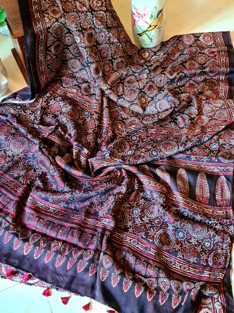 Zynah Pure Modal Silk Ajrakh Saree with Handblock Prints; Custom Stitched/Ready-made Blouse, Fall, Petticoat; Shipping available USA, Worldwide